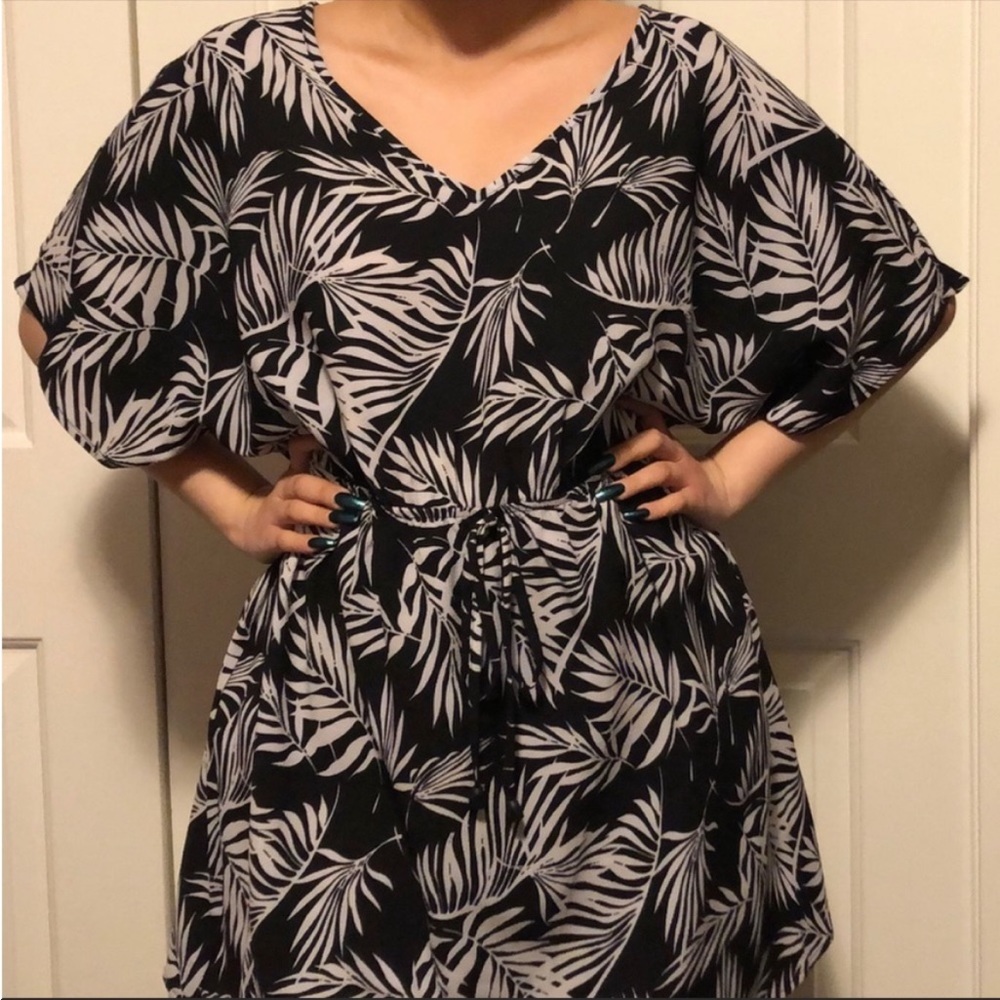 Black Floral leaves summer blouse waist tie